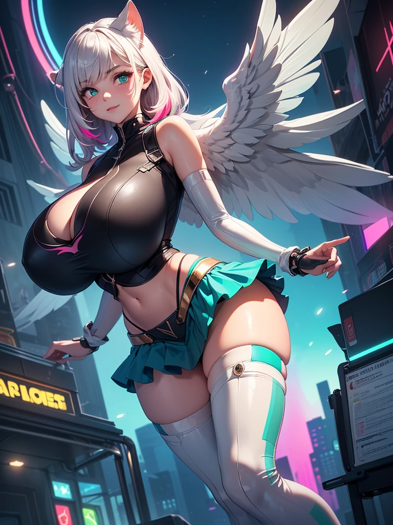(1girl)8K Best quality, mature woman, giant breasts, giant ass, very curvy, pale skin, pink hair, blue eyes, full lips, seductive, smiling, halo, wings