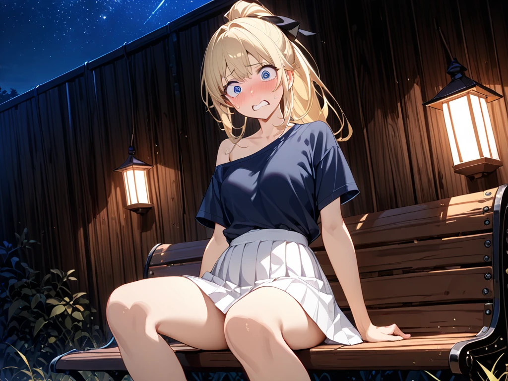 1female, kawaii, solo, (((school))), blonde, eyes dark blue eyes, sexy, (((sitting on ground, stand knees, both knees closed, panties white panties))), cameltoe, (from below:1.2), masterpiece, fine details, high quality, 8k, very detailed, high resolution, ((wide night sky)), loafers