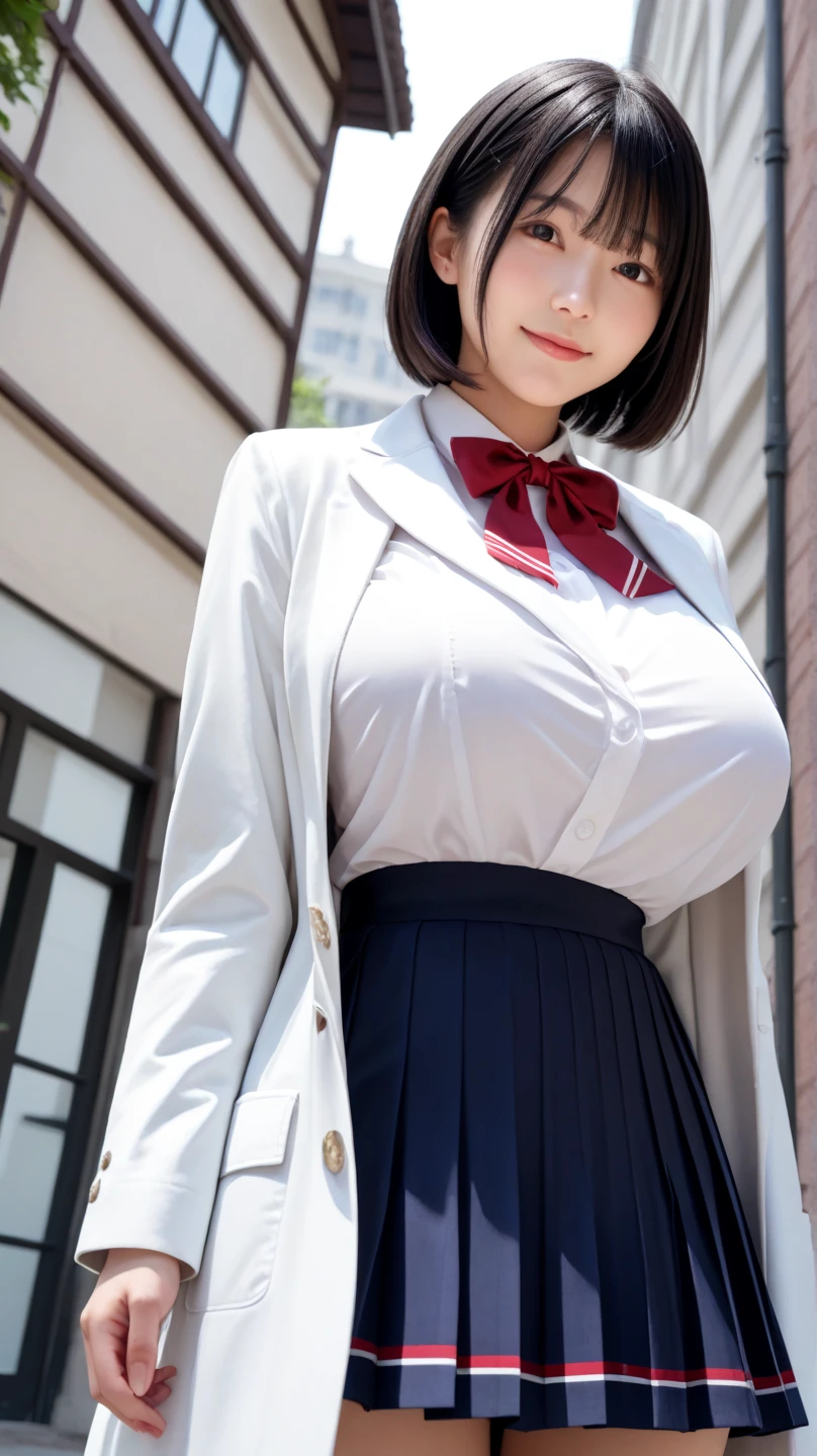 ((SFW、master piece、best quality、muste piece、highest quality、highest level、Highest image quality))、(Magazine Cover)、(1 Asian Woman)、Boyish 18 year old woman、beautiful brown bob cut hair、intense black eyes、strong eye highlights、very big breasts、lip gloss、(cute:1.2)、(high detail skin: 1.2)、perfect ???????、smile、((Red Ribbon Tie、Japanese girls&#39; high 、Dark blue long-sleeved jacket、white shirt、navy blue flare skirt、mini skirt))、((Camera angle looking up from slightly below the front))、((Grab the front of the skirt and lift it、accurate hands、5 fingers))、(The wind flips up the skirt and reveals the panties.)、((skirt lift、white panties、shiny thighs))、Pretty underwear、((Detailed white underwear))、from below、((from the front))、Angle from the front foot、Angle from below、((Angle looking up from below、Show off your panties))、soft backlight、soft light、Soft natural lighting、Spring daytime street、