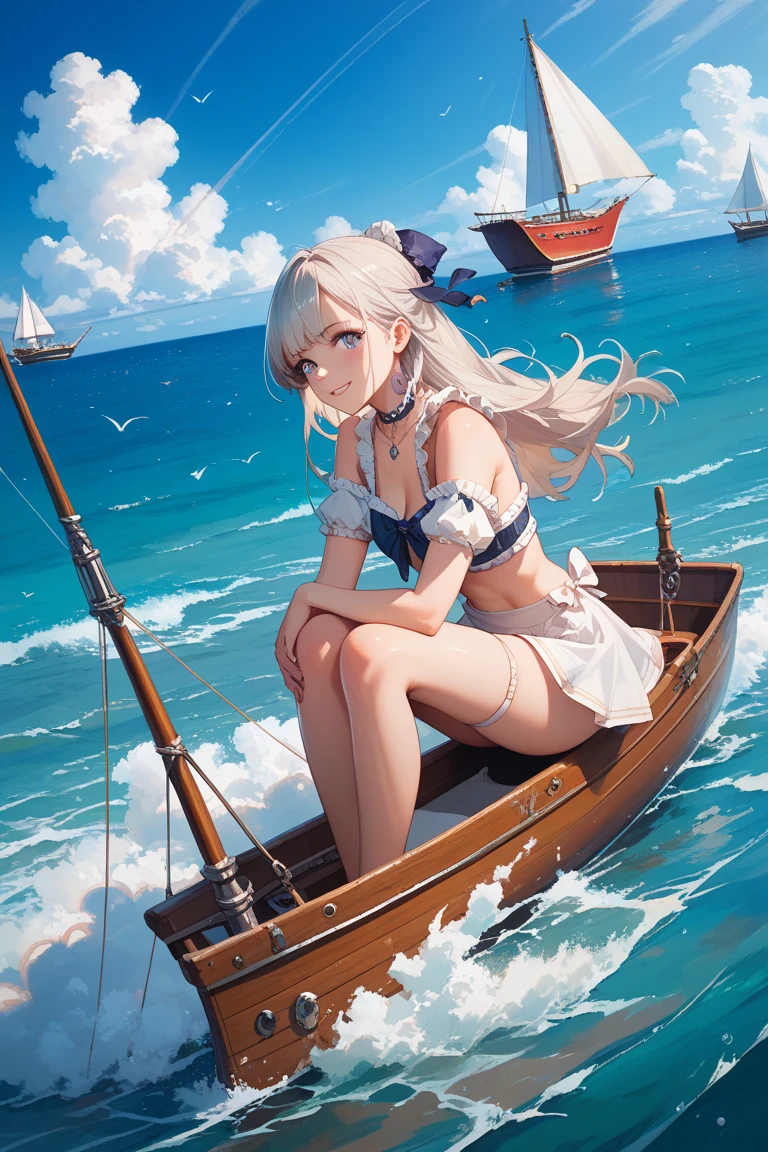 Best anime 4K ke wallpaper, best anime poster, blue clothes, sky blue bikini, sea center, vista seagull, sailing boat, white canvas, sailing boat sailing on sea, girl doing above sailing sailing, facing the sky, sky blue bikini, delicate bikini costume, exposed navel, barefoot, foot, delicate face, delicate body details