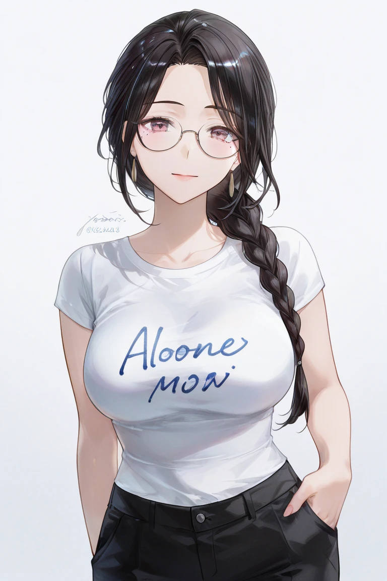 Chica linda, con lentes negros, Brown eyes, Long brown hair, orejas de oso en la cabeza, vestida con una falda negra y un crop top negro, sonriendo levemente 