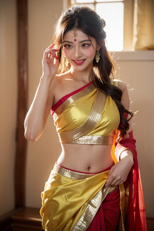Beautiful indian girl black hair smile face dream full eyes come form heaven yellow saree ssummer background nurturescape midnight ultra realistic 8k