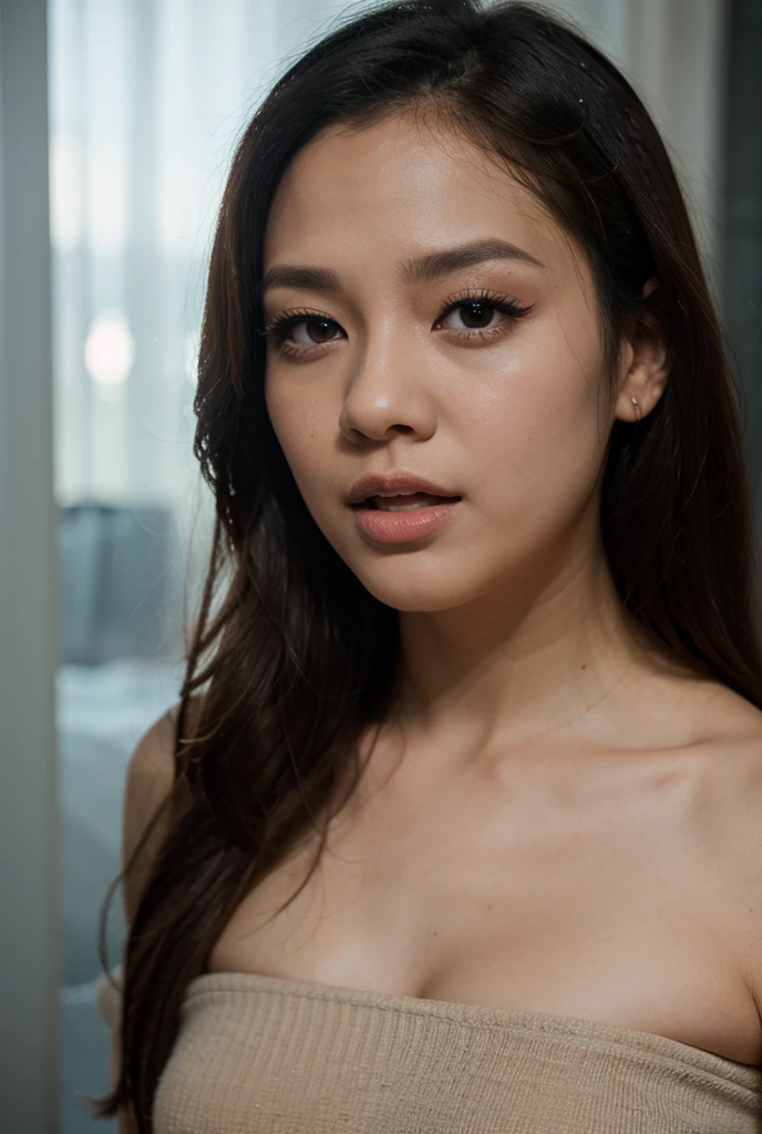 Ultra realistic asian woman, with realistic seductive face, realistic big brown eyes, realistic long eyelashes, realistic nose, rough, realistic long beautiful hair, realistic full red lips