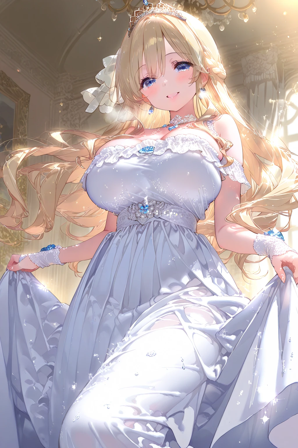 (from above:1.2),18 year old beautiful girl,Purplish blue eyes that dreamers desire,(Blonde hair) , small stature, (masutepiece:1.2, Best Quality),(finely detailed beautiful eye: 1.2),(beautifull detailed face),(perky chest:1.1),(pointed chest:1.2),(cakes magazine cover:1.5),(Best Illumination, extremely delicate and beautiful),sexy pose,Ultra Contrast,Braid a little around the ears, White long dress, (very detailed),(Raw photo, highest quality),(realistic, Photoreal:1.3), high detail, very detailed complex 3D rendering of face, (very detailed skin:1.2), dynamic angle, fire glow effect, professional lighting, side light, cinematic light, a super high resolution, 8K , best shadow, particles of light, Fine skin texture, detailed face, intricate details, Super detailed, shine, Please reconsider, full body,, beautiful face, shiny skin, thin, nice companion, delicate body, thin legs, cute apron, ((crawl on all fours:0.6)), beautiful back,little turn around, bend the body, the skirt is floating in the wind, Dark purple panties, thin Pubic hair ,highest quality, high resolution, Real World, Natural light, perfect Natural Light, ((the tip is protruding, areolas protruding)),Sweating,Wet,Wet crotch,Wet thighs,Realistic, (cute, perfect clothes: 1.3) ,narrow waist,(with sparkling eyes and a contagious smile), open mouth, looking at viewer,