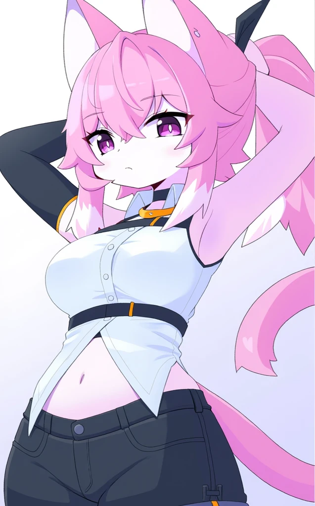 Jibril, (standing straight), blushed, perfect anatomy, detailed eyes, detailed lips, extremely detailed eyes and face, vivid colors, sharp focus, masterpiece:1.2, ultra-detailed, blushed, ((doggystyle)), (solo), sleeveless, fashion.