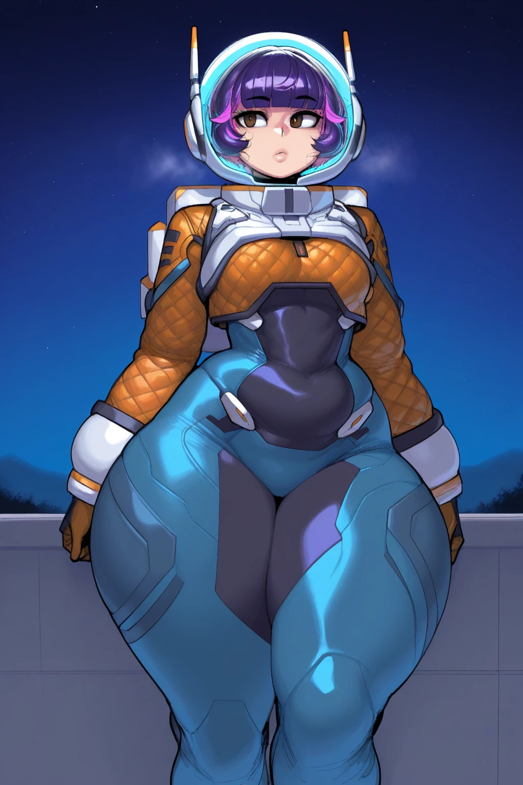 very wide hips,  thick thighs, platform heels, tube top, space girl, huge breast, thin waist, tight stockings,  bob cut hair, tactical,