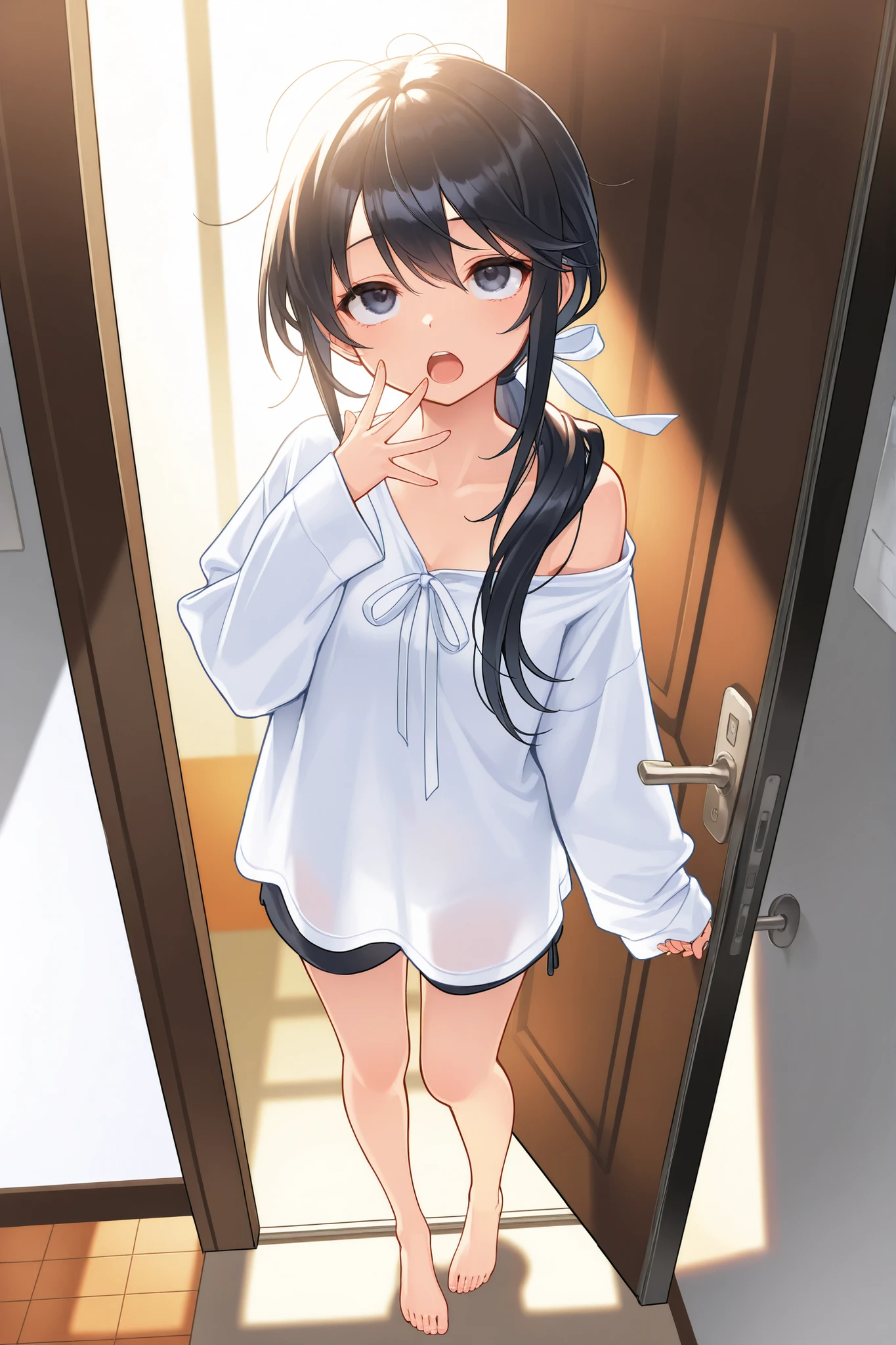 lighting like a movie、top-quality、Full naked girl、embarrassed from、full of sweat、Wearing sweat、Tartan checked panties
