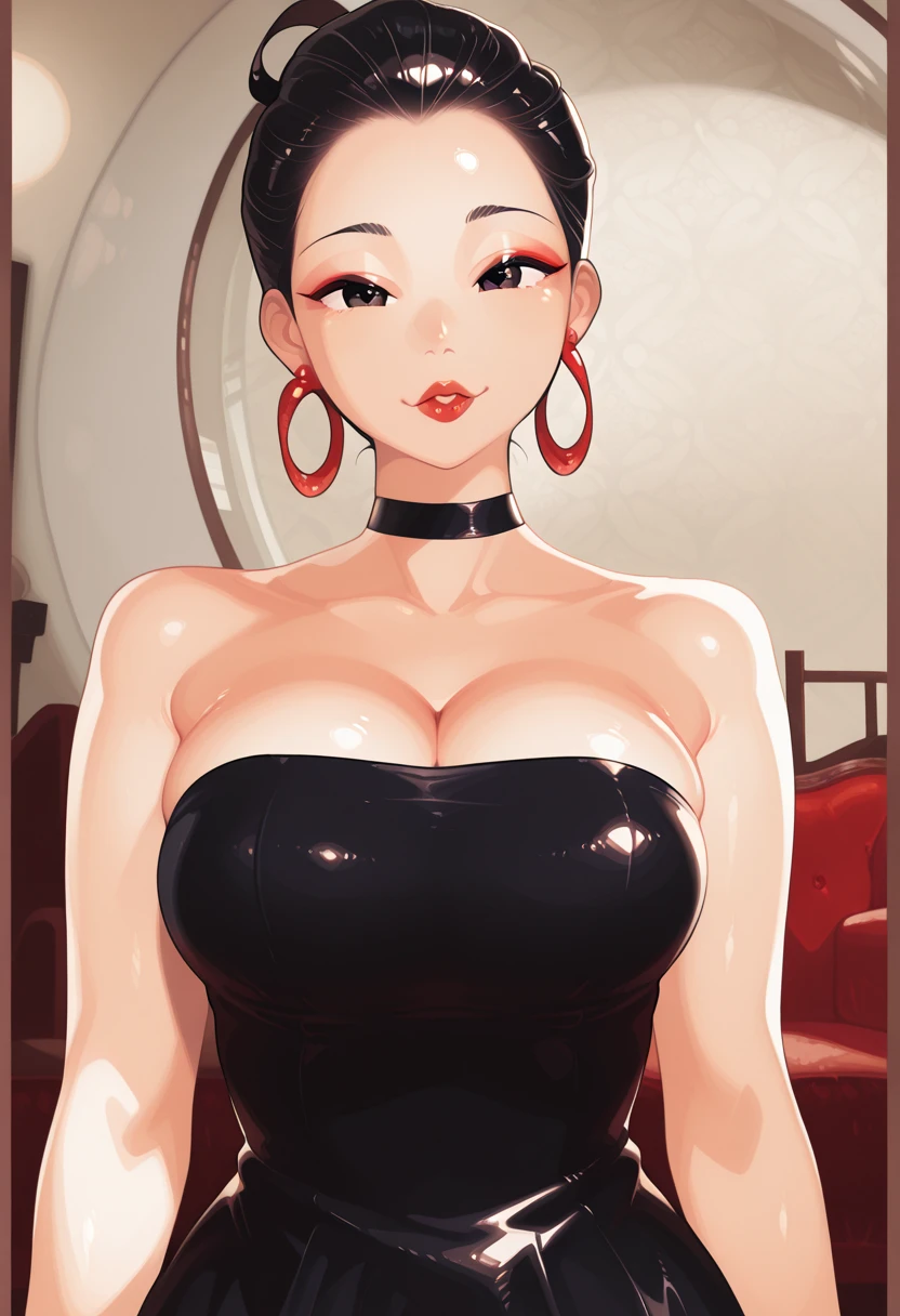 (8k, RAW photos, top quality, masterpiece: 1.2), (High Quality), ray tracing, HDR, (High Details), (Face detail), (Shadow Detail), ((Marnie)), 3d, 3d render, side angle, 1girl, solo, breasts, looking at viewer, thick thighs, head tilt, cleavage, black hair, wavy hair, dress, hands on hips, house party, mature, collarbone, cleavage, (bangs), short hair, sexy, smug smile, seductive look, 20 years old, beautiful eyes, pink thong,