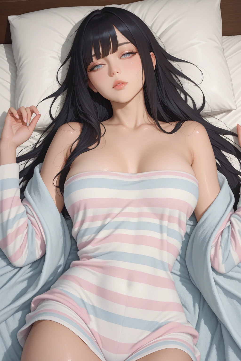 (masterpiece:1.3, Highest quality, Ultra-high resolution, Super detailed), (Realistic, photoRealistic:1.4), Perfect lighting, colorful, Depth of written boundary, Browsing Caution, Surrealism,((Beautiful detailed hair, Beautifully detailed face, Beautiful fine details, Beautiful clavicle, Beautiful body, thin脚,Beautiful breasts, Beautiful feet, Beautiful Hands, thin, 1 girl, Perfect Face, Perfect Anatomy, Supermodel with a long neck,((Skinny1.3)),looking at the camera,(Perfect Anatomy, Highly detailed skin), Shiny skin,((beautiful girl:1.1)),(( large breasts:1.3)),(Mid-length hair:1.4, Wavy Hair:1.2, Black Hair) ,hair over one eye,Dainty facial structure,((Embarrassed expression:1.1 )),((wearing Sailor Lolita:1.1 )),(her legs spread in M legs:1.2), ((spread legs:1.2)),((at night:1.1)),((Bedroom at night in the background)),The windows are big、Outside there is a beautiful night view,You can see the starry sky in the distance,((from below:1.1)),wide shot,