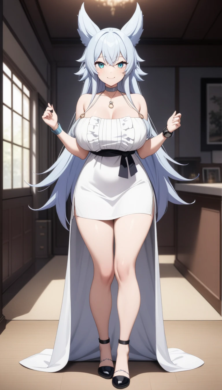 (Alta qualidade) solo, (Melhor qualidade, 8k, UHD: 1.2) obra-prima, melhor qualidade, altamente detalhado, ultra-detalhado, um extremamente delicado e belo, obra-prima, 1girl, solo, kaguya, matural female, seios grandes, cabelo longo, chifres, sobrancelhas curtas brancas, (pale skinned: 1.3), olhando para o espectador,Room, janela, wariza, sexy, vestido, sorriso,