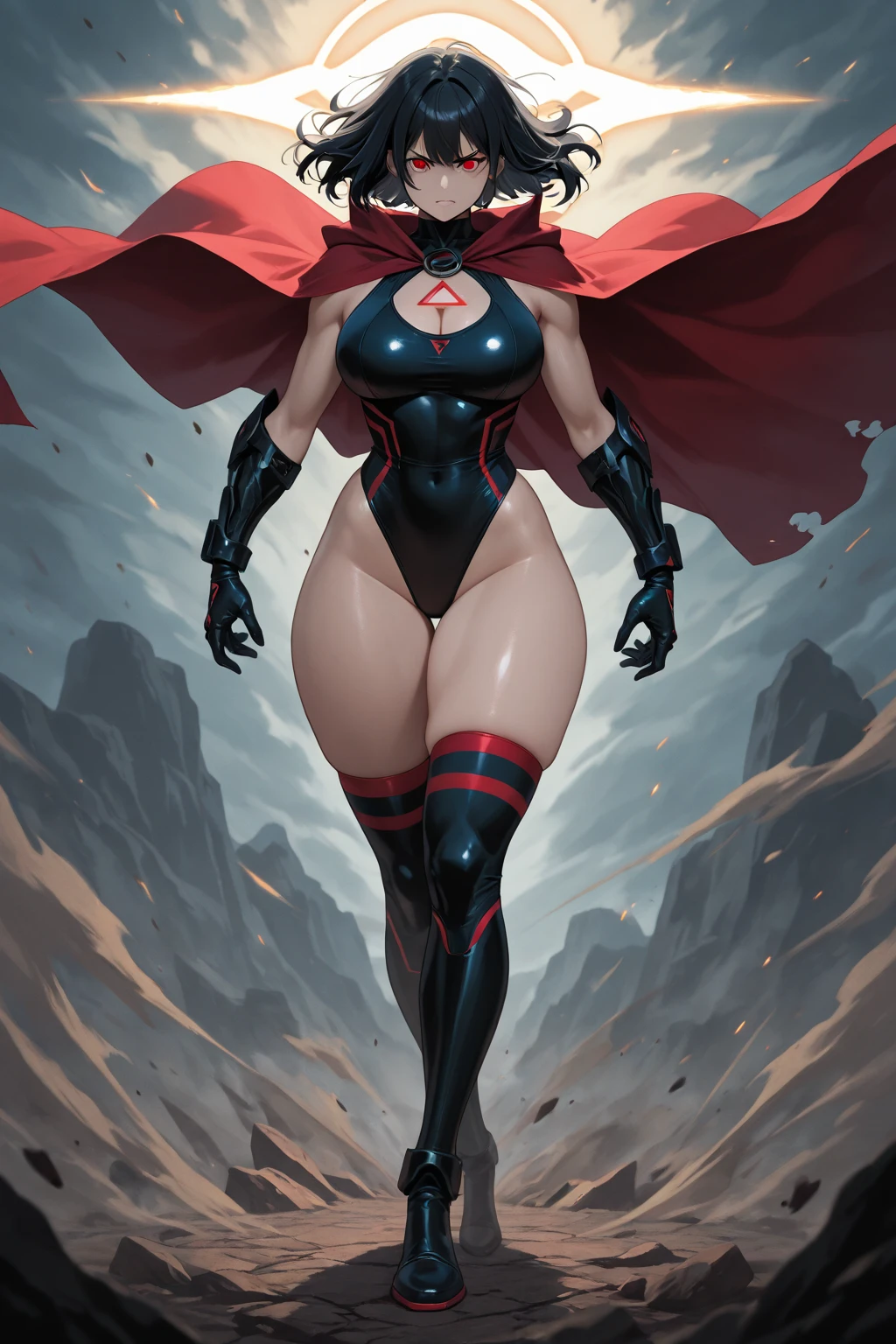 Two long thighs, yellow eyes, blonde hair, short hair, large breasts, detached sleeves, very white background, royal tiara, long cape, yellow tiger bikini, high heels, hands on hips. red tattoo on belly navel, full body female MILF BIMBO, lustful smirking smile face (red blush), metal shoulders, golden bracers sleeveless, black choker sex slave
