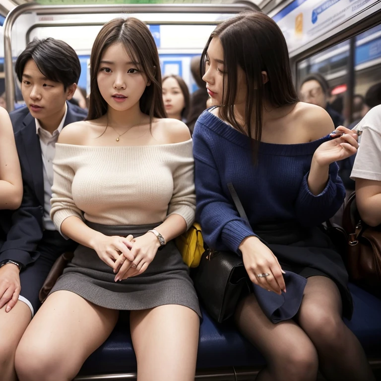 A young girl wearing shorts and a casual top, sitting on a train, viewed from the front. She has thick thighs and is showing more of her legs, with a relaxed expression. She has a shoulder bag beside her. The train interior is modern, with large windows showing a cityscape outside. The seats are comfortable, and there are other passengers in the background, creating a lively yet calm atmosphere.Big Breasts