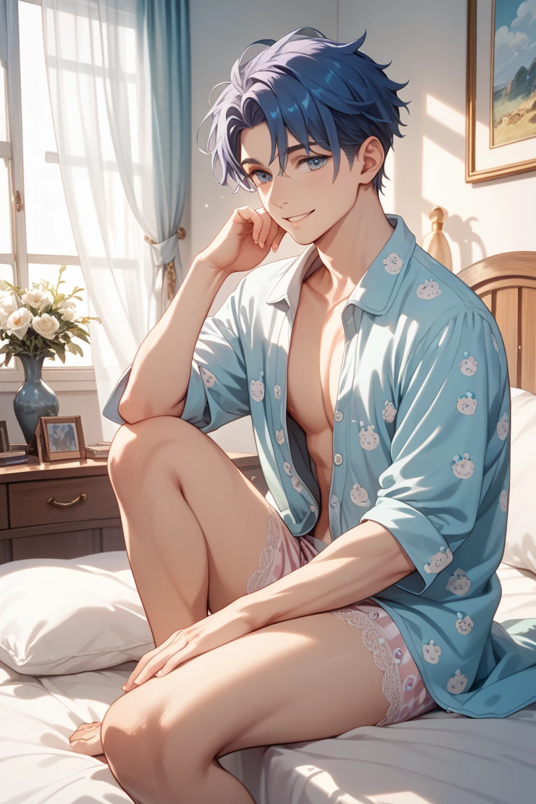 Anime characters lying in bed with flowers and necklaces, in pixiv, in pixiv, pixiv,!! Full body portrait!, detailed fanart, posing on bed, Kaoru Nagisa, slender boy, pale, eight hands and eight hands, white wolf king, animal ears, beast tail, boy, prince