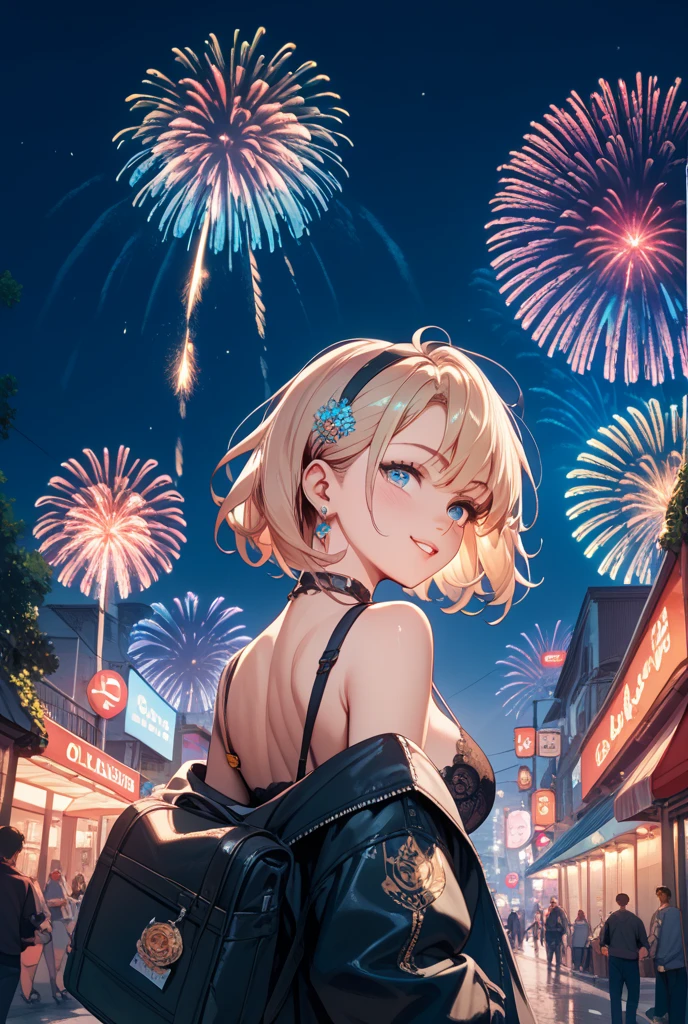 Illustrate a quantum-inspired celebration where 3D fireworks explode into multiple dimensions, accompanied by fractal ripples that signify the transition from 2023 to 2024, enormous tits