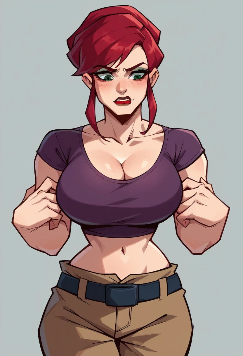 Tall girl with long red hair with cat ears wears a dark blue sleeveless t-shirt and has semi-loose black pants, has a light blue scarf around her waist, has semi-marked muscles and large breasts, wide hips and has a tail. of a pink cat with a tender expression and hazel eyes