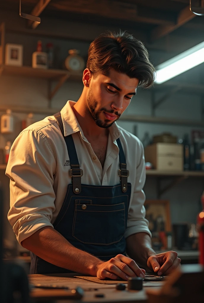 a man, short hair degrade pink, short beard, has orange eyes, is in a bar, he is throwing knives, realistic drawing style --auto