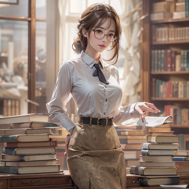 librarian、Clean look、White blouse、Tight Skirt、Glasses(masterpiece:1.3), (8k, Realistic, RAW Photos, Best image quality: 1.4), Japanese 、26 years old,(Random Hairstyles:1.2)、Cleavage:1.2、Highly detailed face、Attention to detail、double eyelid、Chest to chest、Sharp focus:1.2、Beautiful woman:1.4、Light brown hair、Highest quality、masterpiece、Ultra-high resolution、(Realistic:1.4)、Highly detailed and professionally lit smiles、She is looking for a book、Braiding、Remember