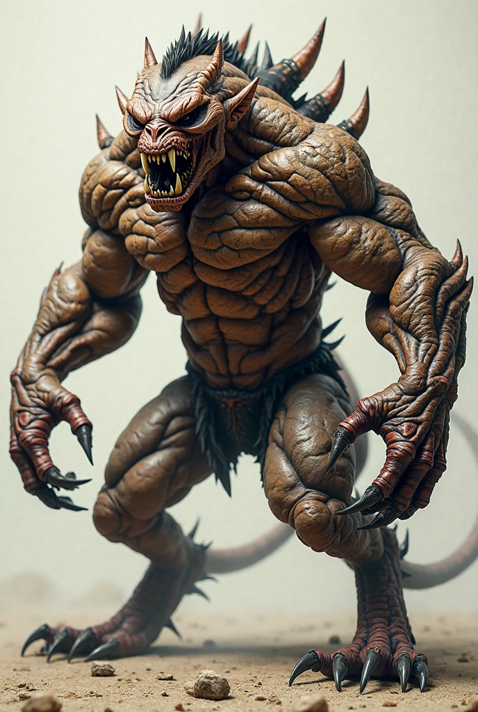 Design a monstrous bull-lion hybrid with exaggerated, fully sculpted muscles, featuring lifelike, textured skin and scales, set against a stark, dark background for a dramatic, chilling effect."