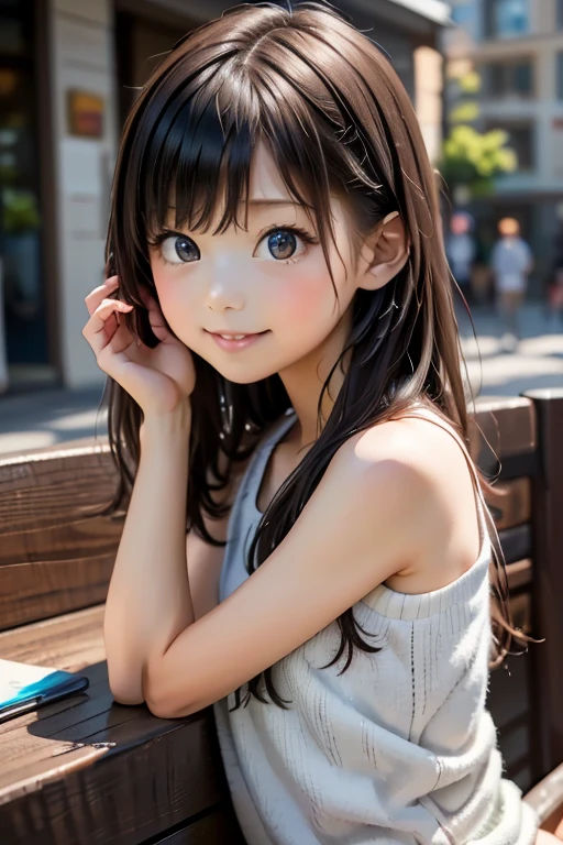 one girl、smile:0.1、pretty girl、brown hair、baby face、young、delicate girl、Upper body、small breasts、Unreasonable precision、Super detailed、camisole、completely flat、Honesty、thin arms, professional lighting, film grain, chromatic aberration, (Eye and face details:1.0), (Bokeh:1.1)、school swimwear)))、software:1.5)))、 highest quality, 8K, 14 years,