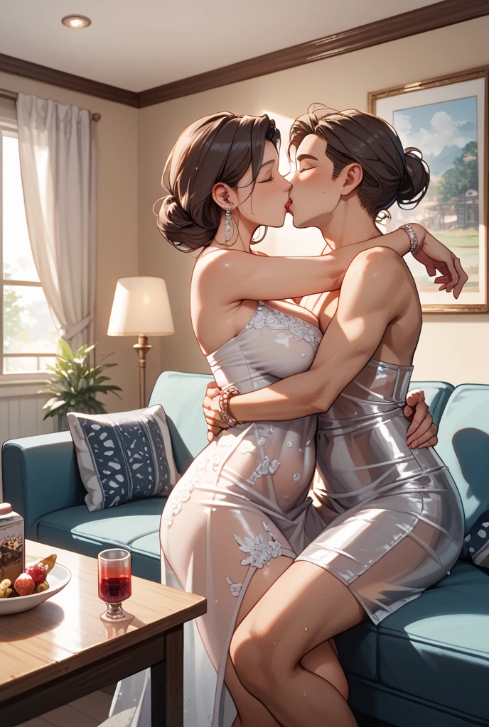 elegant japanese women in their 50s,2 married women,long eyelashes,bob haircut,red lipstick,blushed cheeks,pearl necklace,earrings,heavy eyeshadow,cleavage,pink leotard,nipples,passionate lesbian kiss,loving embrace,pink background,(full body focus)