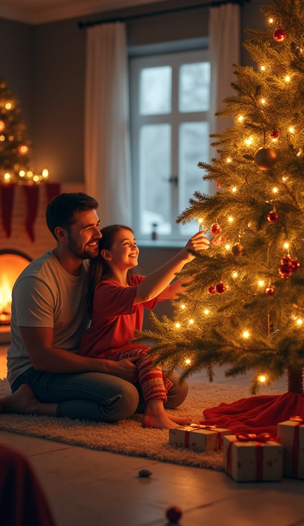 Smiling family with child and Christmas tree in living room, by Hristofor Zhefarovich, holiday season, Christmas, husband, wife and son;, Happy family, holiday, family photo, Eugene Zak, by Aleksander Gierymski, christmas night, Shutterstock, Portrait of a family of three, true realistic image, husband gives his beloved wife and son gifts for Christmas, Europeans, Smile, one tree with gifts, strictly one fireplace ((Best Quality)), ((Masterpiece)), (Detailed), a perfect face, foto realista, Ultra-detailed, realistic natural natural hands, fingers and toes straight, human, There are strictly five fingers on each hand, HDR, studio lightning, Professional, sharp-focus, physical based rendering, bright colours, portrai