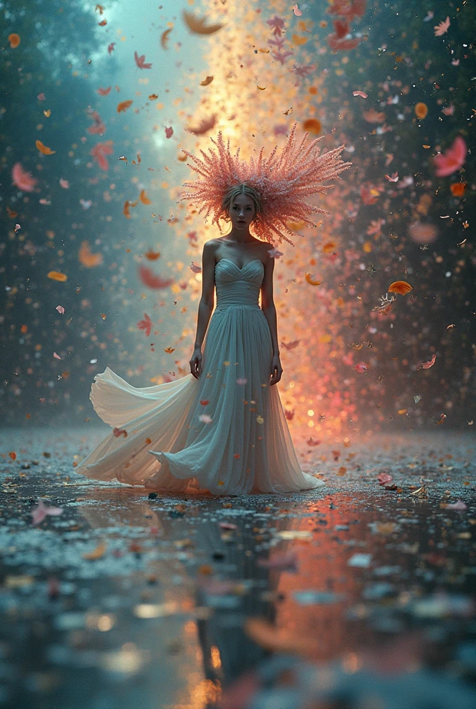 plano general, whole body, profile pose, (Masterpiece, Superior quality, Best Quality, Official Art, beautiful and aesthetic:1.2), (1 girl:1.3), extremely detailed,(Fractal Art:1.2),showy, more detailed,(tangled:1.2), (dynamic pose), (abstract background:1.5), (traditional dress:1.2), (shiny skin), (many colors:1.4), HD, 8k, (raw photo, Best Quality, Masterpiece, photorealistic, of the highest quality, Maximum image quality, high resolution, 8k, HD:1.2), vibrant, ethereal lighting ,sharp focus, ultra detailed,((Fondo de pantalla CG unificado 8k extremely detailed)), surreal and dreamlike textures, magical and mysterious essence, unexplored and undiscovered wonders, sculptural and abstract elements, transcendent composition, visual effects, photorealistic, digital composition master class