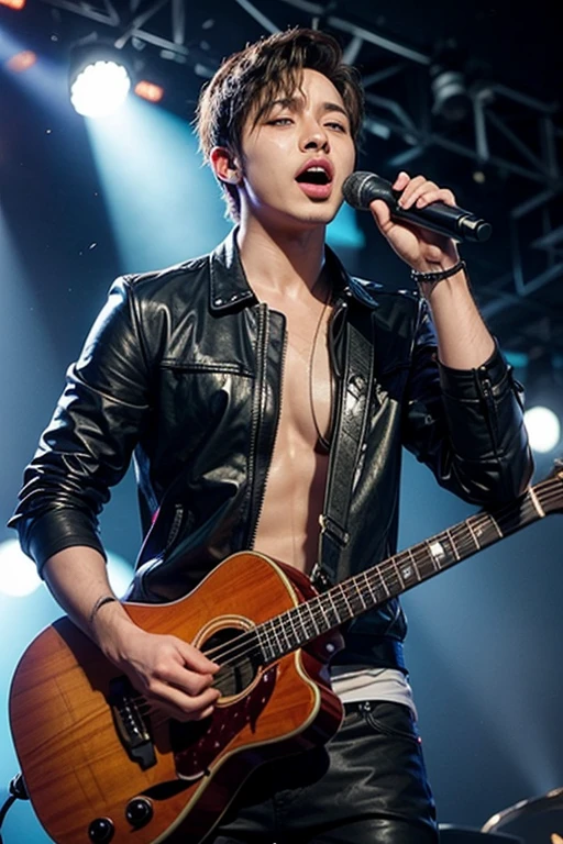35-year-old Chinese-Japanese man, Idol and singer of a musical group a Rockstar, with a skin fade haircut with a toupee, defined abs, Cold look, similar to sid vicious
