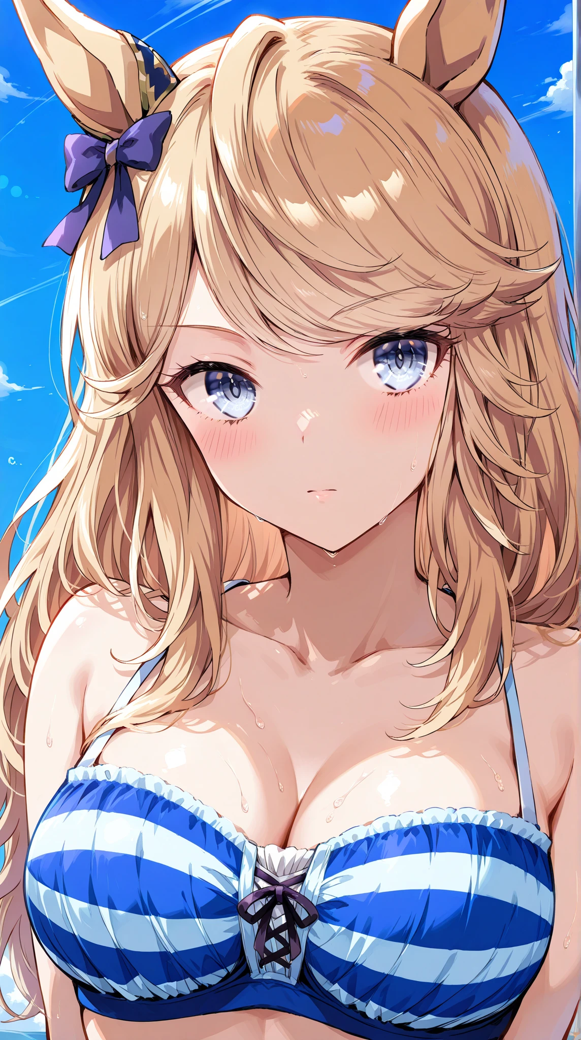One girl, medium long hair, blonde, blue eyes, youthful appearance, slightly large breasts, (slightly large breasts: 1.4), V-front micro plunge swimsuit, (White V-front micro plunge swimsuit),