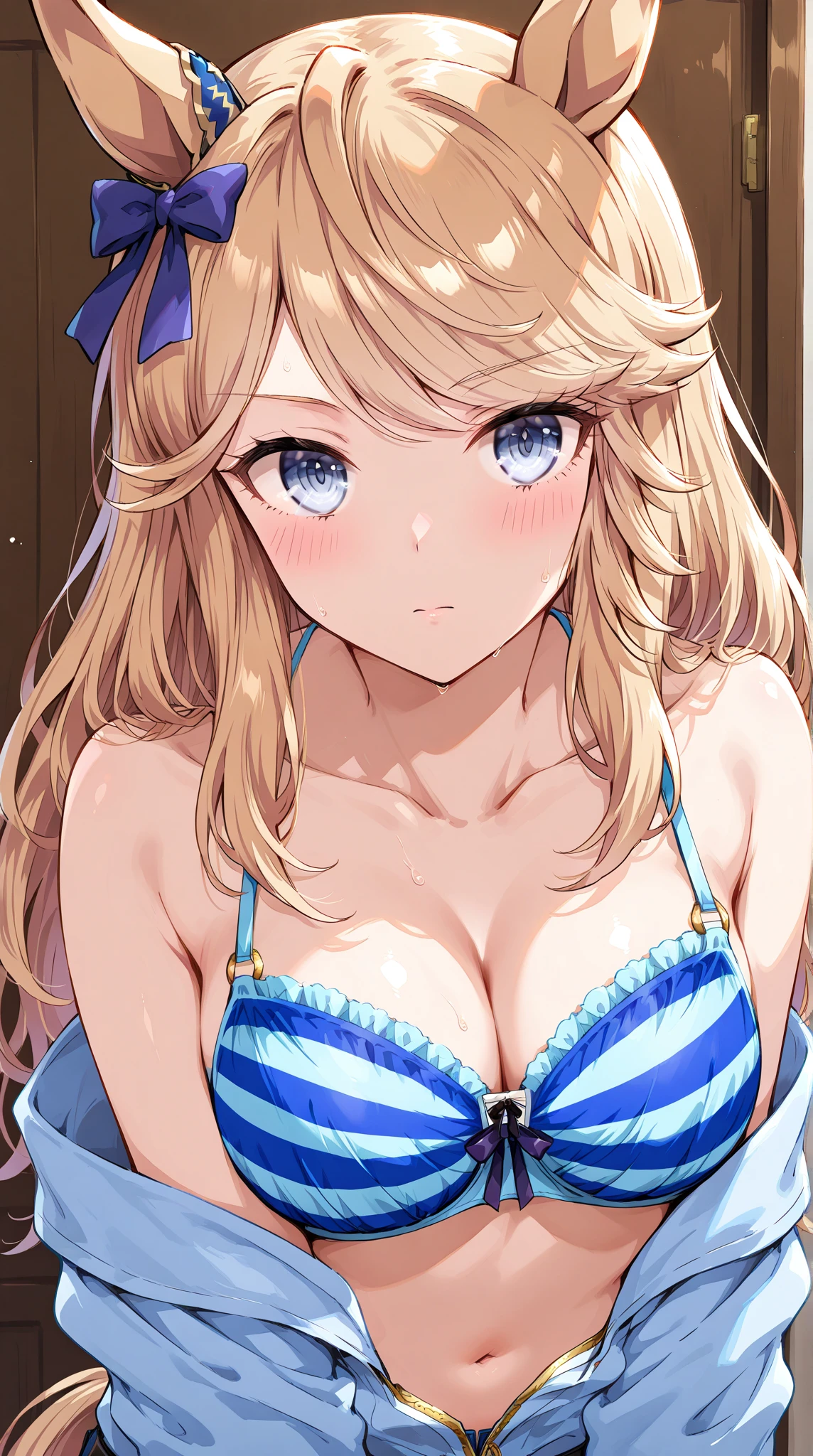 1 girl, 15 years old, stand, long hair, golden hair, purple eyes, (Cute underwear), (cute bra), (happy), cowboy shot, (medium breasts), (cleavage), ((looking at viewer)), ((32K)), ((best quality)), ((ultra high res)), ((HDR)), ((uhd)), ((extremely detailed CG)), ((unity 32K wallpaper)), ((perfect anatomy)), 