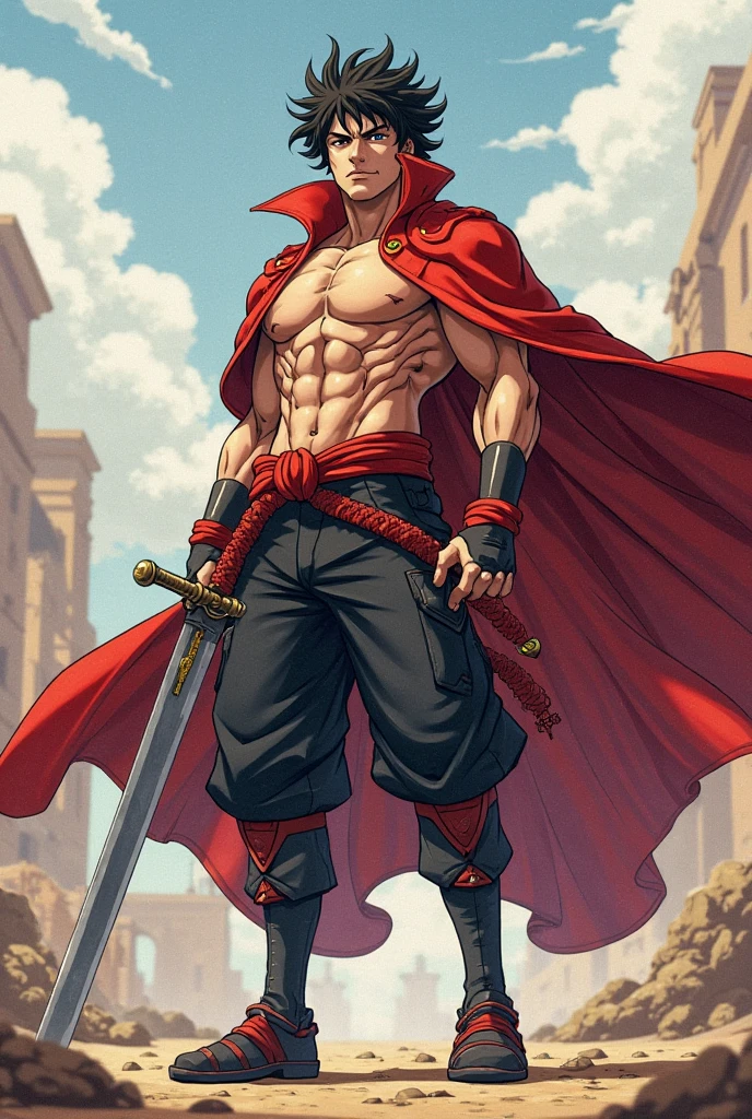 there is a 35 year old man shirtless, big muscles, short red hair and wearing white tribal baggy pants and with a three-bladed spear in his hands he is from above looking at a modern city he is serious and perplexed anime style man lost with a red cape on head standing on a ledge, handsome prince full body tribal tattoos on arms