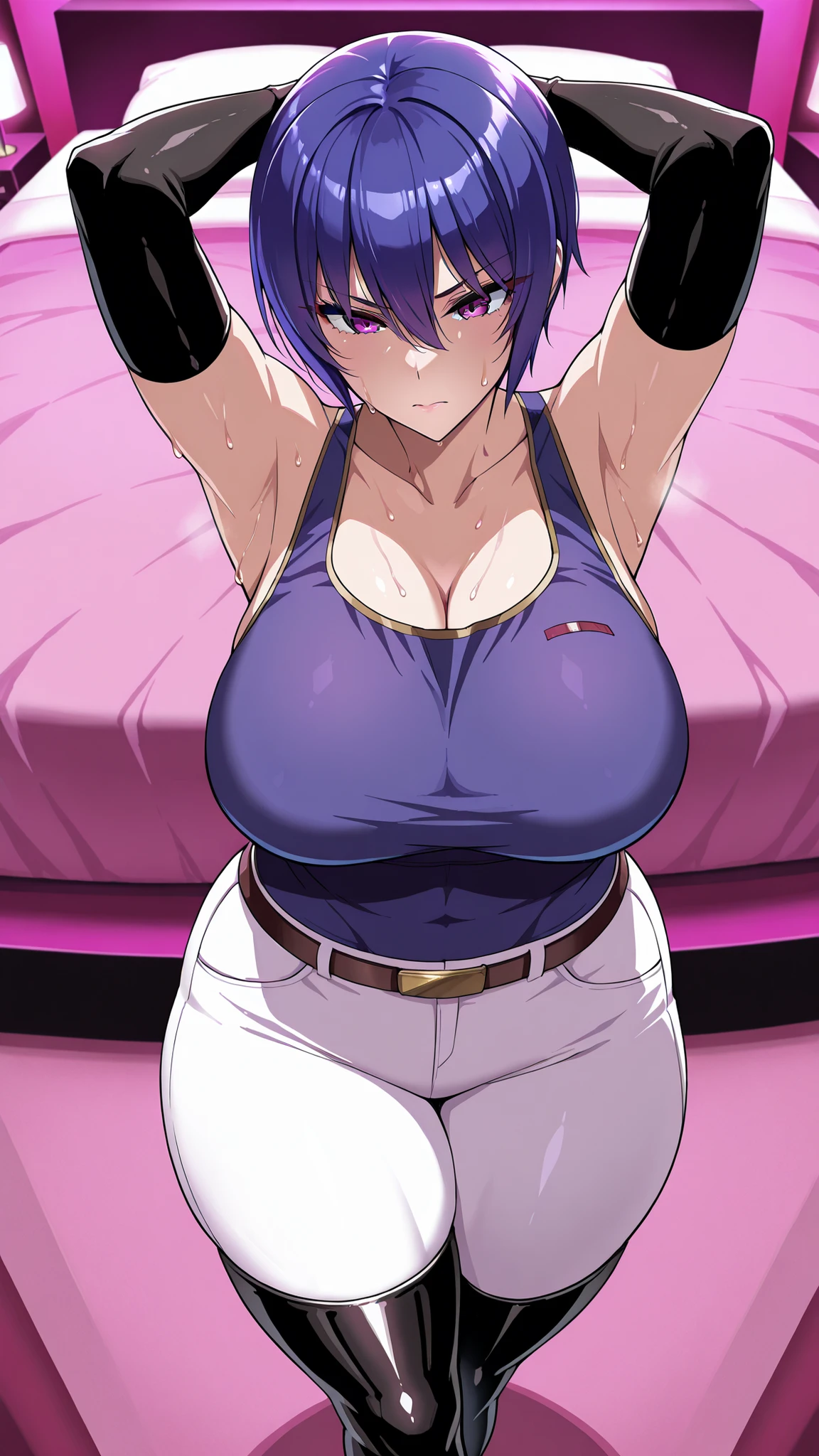 masterpiece, best quality, 1girl, purple hair, ponytail, yellow hoodie, short shorts, loose socks, sneakers, seiza, looking at viewer, large breasts, shiny skin, abstract background, vivid colors, paint splashes, rainbow theme, having sex with a man, legs are open,(Being stroked by a man's crotch)(((tmasterpiece))), ((best qualtiy)), ((intricately details)), Ridiculous res, A MILF, Mature woman, see-through, exposed vaginal sex, bukkake, hoodie is unzipped, sportsbra