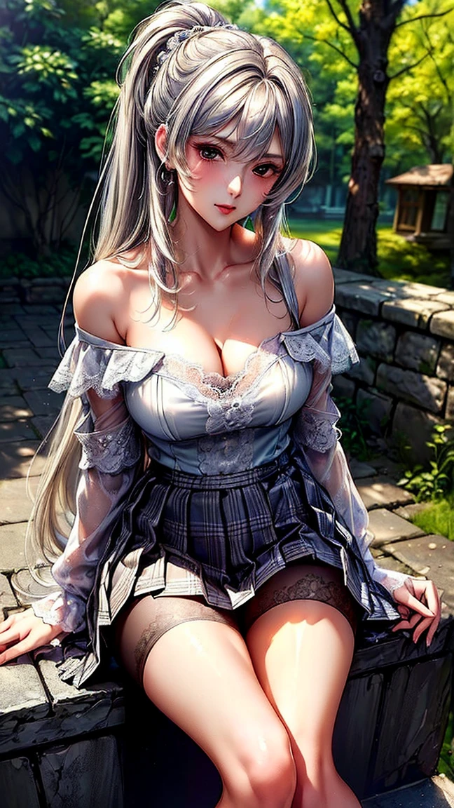 A women wearing maid outfit with white stockings, sexy maid style, silver hair, straight hair, double eyelashes, eyeshadow, blue eyes, big eyes, blusher on cheeks, collar bone, big breast, perfect shape breast, sitting on sofa, smiling, elegant pose, cinematic light, full length image, masterpiece quality, UHD, high quality image, super detailed image , ultra detailed image, sharp image, sharp focus, 32k, 64k, 