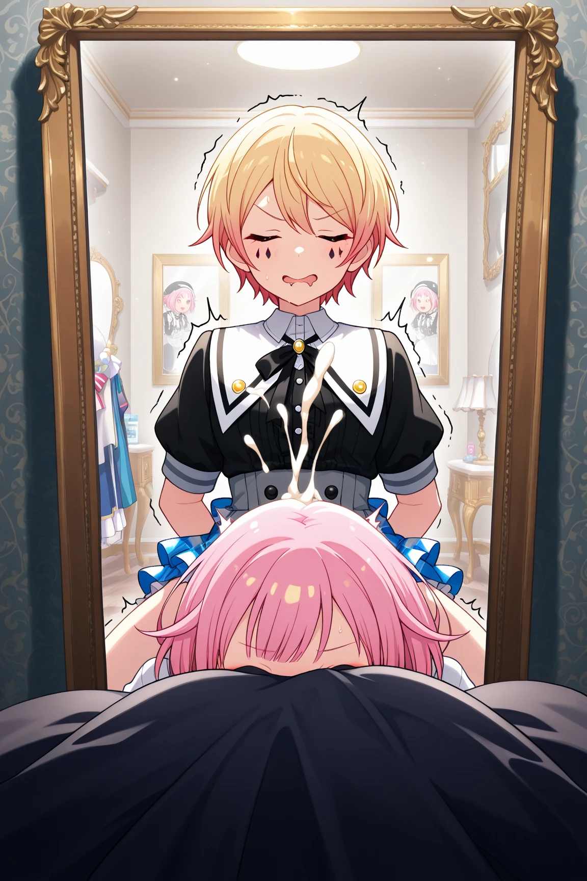 masterpiece, top quality, Ultra High Resolution, OTORI EMU, TENMA TSUKASA, dressing room, Costumes scattered in front of the makeup table, missionary position, insertion scene, Two people reflected in the mirror, Ejaculation, Semen overflows , Yellow hair shakes, Melting Expression, Body Trembling with Pleasure, Eye Mark, 散らばったコスチューム