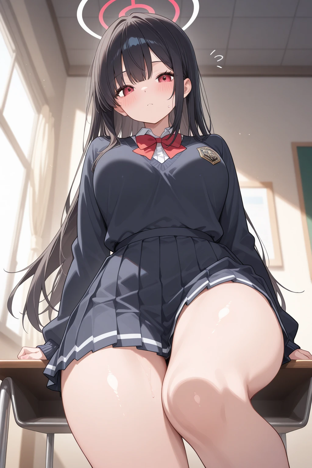 School Uniform,Skirt,Thigh,Panty Shot,White Panty,Open Legs,School,sitting on the desk,take your feet off the desk,looking-down