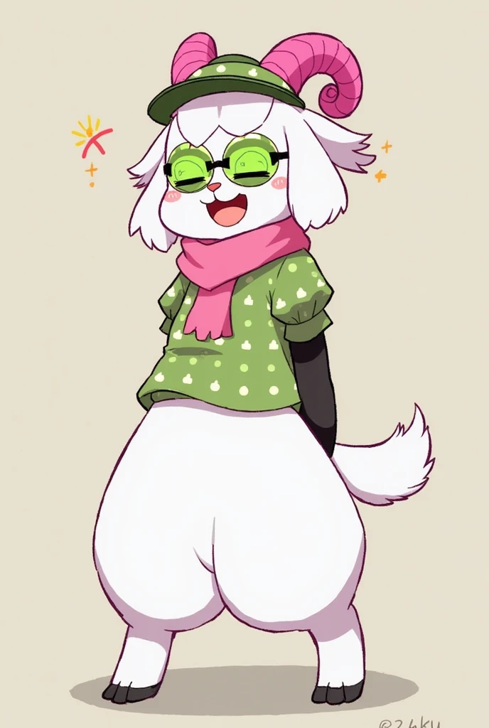 (score_9, score_8_up),furry, fur, face, Ralsei(deltarune), goat, dark fur, pink horns, black sleeves, cute, green glasses, hatless, green shirt, standing, arms up with his hands doing the peace sign,pink scarf,closed eyes, happy, smug face, bending over, wide hips, huge thighs, fat ass, back view, {{{kame (kamepan44231), no humans, chibi, jitome, fumo (doll)}}}, portrait. 1furry, solo