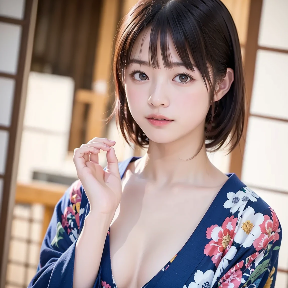 masterpiece、highest quality、High resolution、Tabletop、wallpaper、Realistic、Bright lighting、Professional Lighting、Face Light、Smooth lighting、Japanese women、Adult female、Beautiful woman、、Modeled、gravure、sexy、so beautiful、Beautiful Skin、Beautiful and detailed、Detailed face、slim、Large Breasts、Cleavage 、short hair、Brunette colored hair、Brown eyes、Looking at the camera、Japanese Kimono、Japanese Yukata、hot spring
