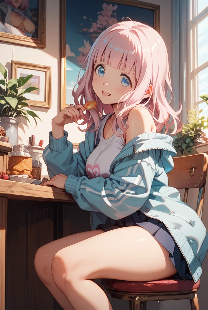 Disney Pixar style, cute girl with short pink hair with bangs, wearing white shirt and pink shorts, looking to tv , in a TV room, sitting on the sofa, top view, realistc, 8k