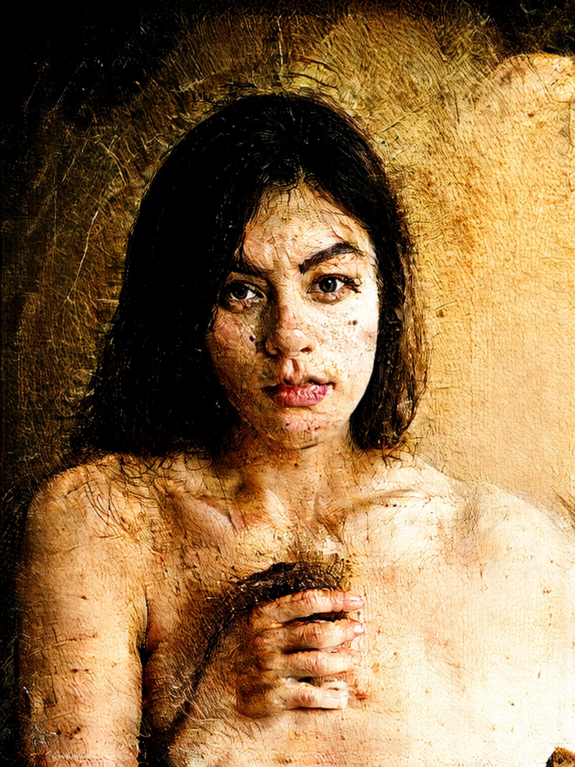Lucian Freud style, oil painting, direct painting, realism, Chinese woman, (white skin), black panties, black stockings, side sitting pose, full body, modern building, hotel, next to the bathtub, flash, extremely thin, looking directly lens, young