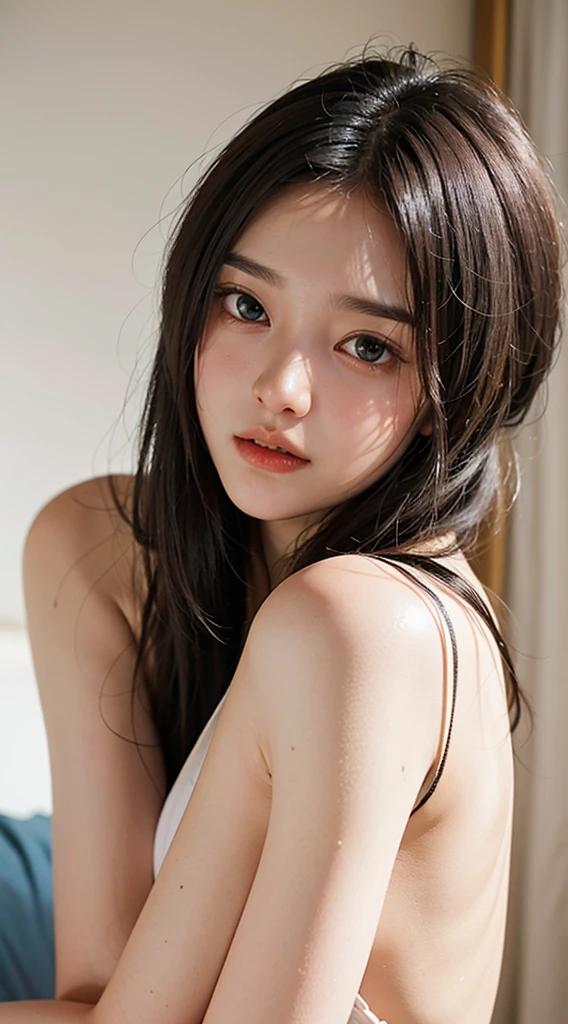 (8k, RAW photo, best quality, masterpiece:1.2), yjnn, 1girl, 3d, asian, bangs, bare_shoulders, bow, bra, breasts, brown_eyes, brown_hair, cleavage, lips, long_hair, long_sleeves, looking_at_viewer, medium_breasts, navel, nose, off_shoulder, open_clothes, open_shirt, panties, realistic, shirt, solo, stomach, underwear, undressing, upper_body, white_bra, white_panties, japanese school uniform, Shiny skin, beautiful delicate face, beautiful delicate eyes ,(realistic, photo realistic:1), sitting in the window