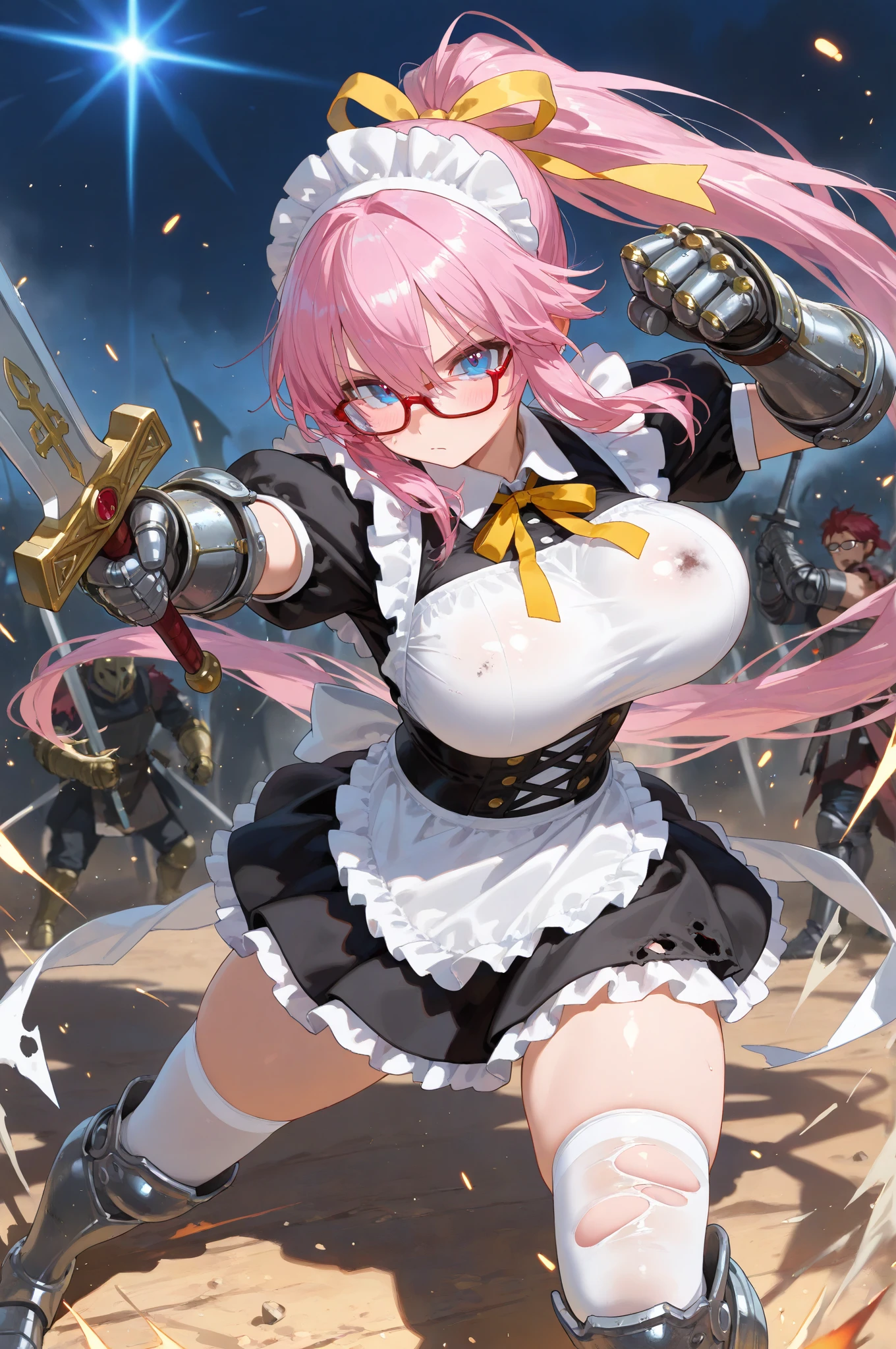 masterpiece, Best quality, watercolor (medium), 1girl, breast, Solitary, Single ponytail, Cleavage, Black picks dye pink hair, Delicate gray eyes, Bangs, jewelry, skirt, Bare shoulders, sleeveless, Hair between the eyes, 单Scapula, looking at the audience, Fighting Stance, large breast, armor, shoulder armor, sleeveless skirt, Upper Body, Single sleeve, white skirt, Scapula, Naughty smile, , Tiger Teeth