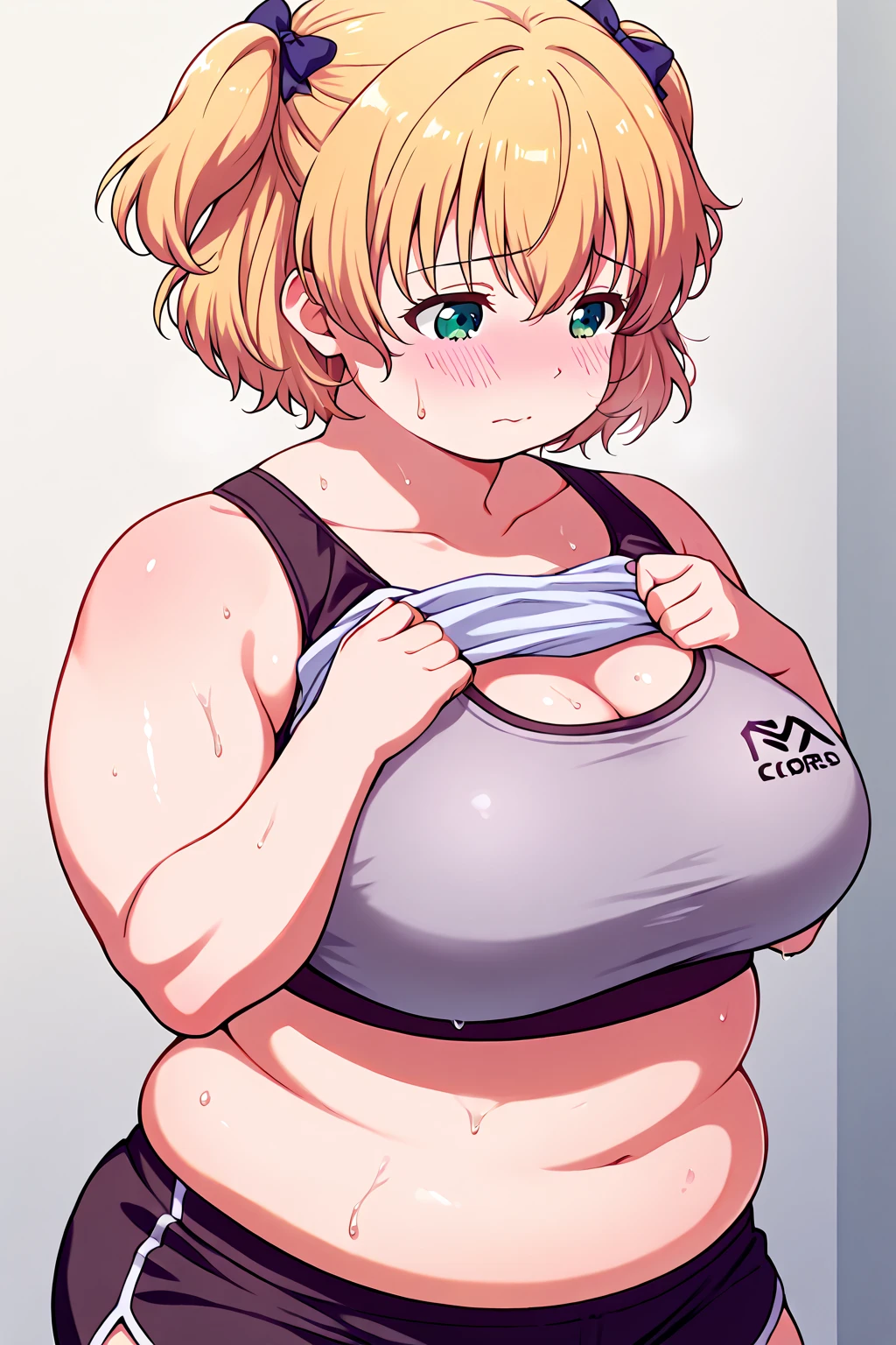 ((Masterpiece)), perfect anatomy, perfect shading, field of depth, (best quality), extremely delicate and beautiful, perfect lighting, detailed face, ultra cute face, cute, ((1girl)), ((solo))
short fluffy blonde hair, ponytail, blue eyes, ((blush)), nervous, looking at viewer, crop top, jeans, cleavage, large breasts, ((thick thighs)), (wide hips), chubby, chubby belly,
intricate background, detailed background, fast food restaurant, arms behind back,