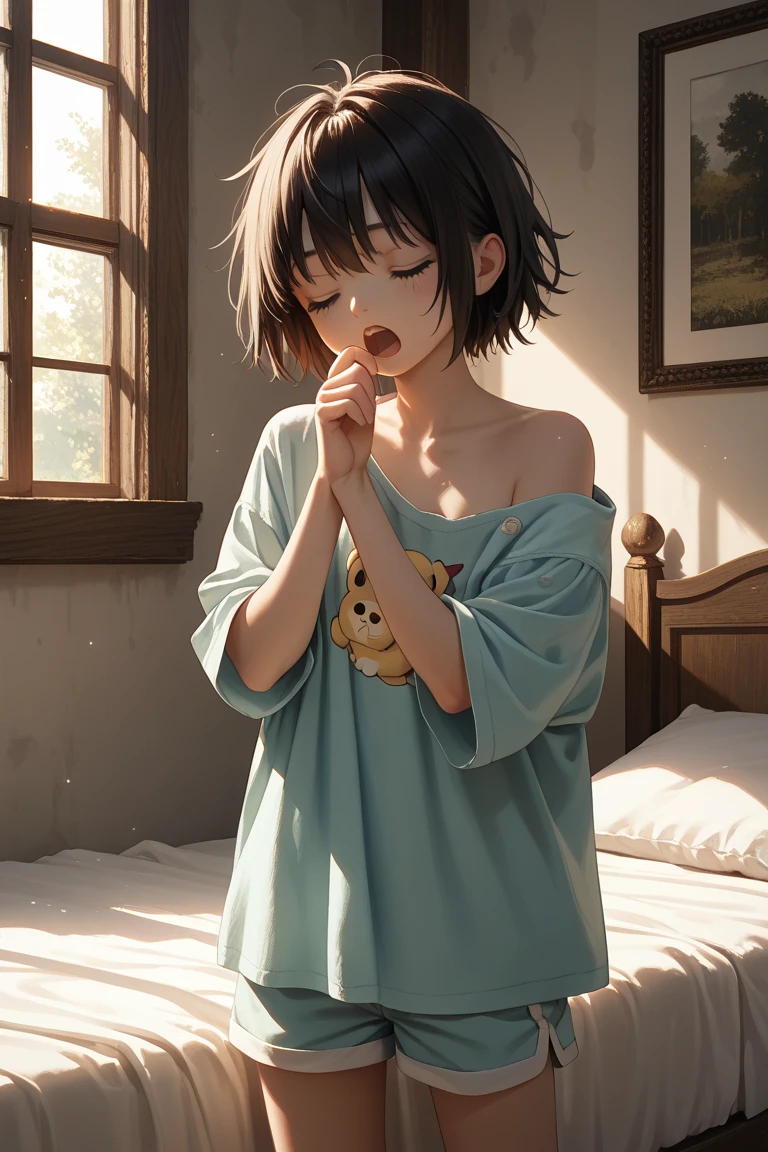 (masterpiece), (best quality), absurdres, highres,BREAKgirl wearing Kanji printed T-shirts relaxing on sofa, summer, in room, electric fan, tired-looking face, open arms, close eyes, Soft cushionBREAKaaa,
