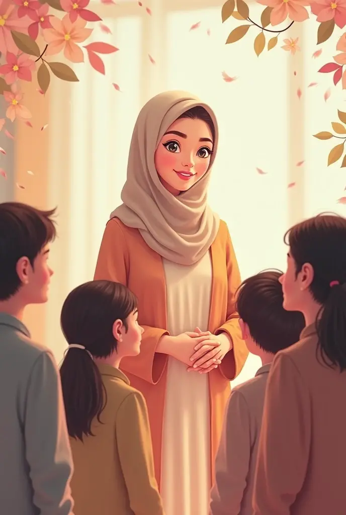 Pretty teacher playing with her preschool students, The teacher with  black hijab on and honey-colored eyes