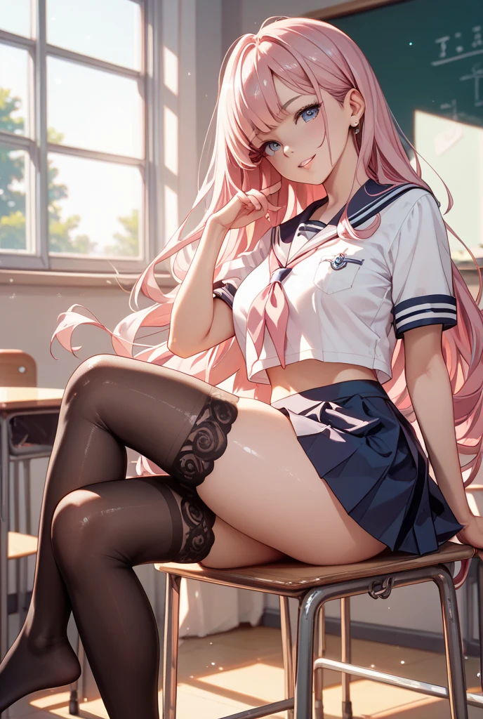 32k, best quality, ultra high res, HDR, UHD, extremely detailed CG unity 32k wallpaper, (cute gal), classroom background, peer in from below, ultra quality hair, pink hair, navy sailor suits, beige cardigan, ultra quality eyes, purple eyes, smile, side ponytail, (showing panties), sit on a chair with your legs spread,