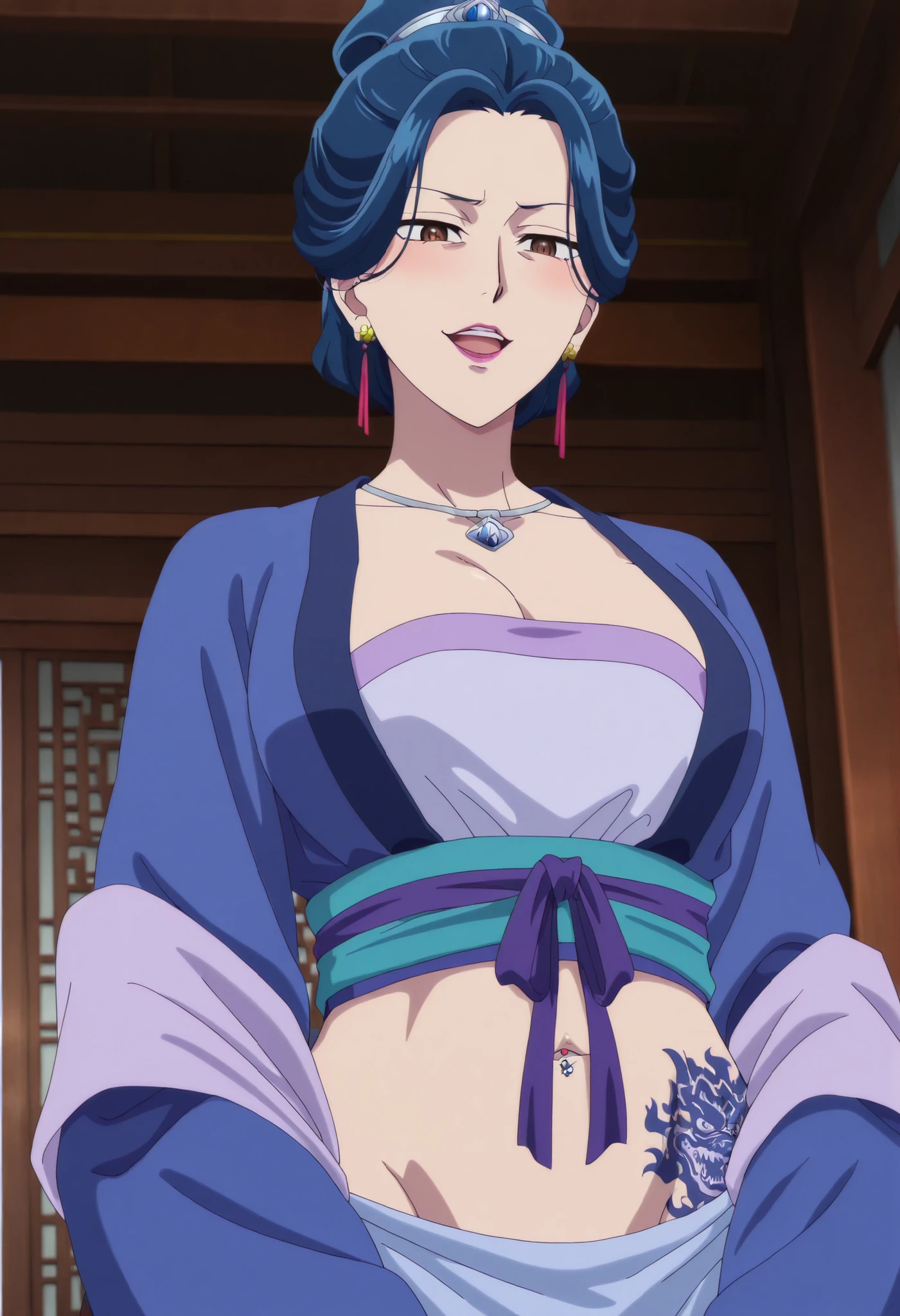 1girl,solo,mm,mature female,earrings,brown eyes,blue hair,lipstick,,,large breasts,anime coloring,
necklace,hanfu,japanese clothes,sash,, open mouth, cowboy shot, indoors
,masterpiece,best quality,amazing quality, , ear piercing, long hair, blush, lipstick,Hot girl, baddie, , sensual, attractive ,, masterpiece,high
quality,4k,belly,,,cleavage, ,, smile, open
mouth, (nsfw) not safe for work, evil expression,belly, exposed navel, exposed midriff,
exposed lower belly,,navel piercing, dragon tattoo on waist, narrowed eyes,
tattoo on waist, anipai_style , anime screencap , anime coloring