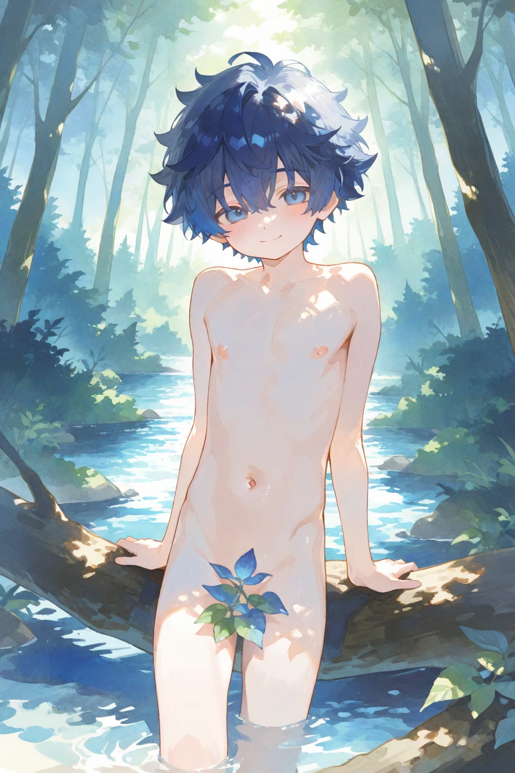 small breasted girl, short, elementary school student, blue hair, single fishtail braid, blue eyes, round eyes, shy, shy, , short, young face, short height, , glasses with no edges,flat chest,night,walking,moonlight,in the forest, , (Naked: 1.5),nipples are visible,pussy are visible,