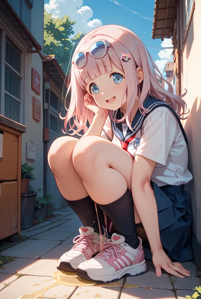 Super mini ruffled skirt、Knee-level fishnet stockings、thin and long legs、The platform is very、long legs below the knees、toned little buttocks、Navel look、thin-waist、Thin body、off shoulders、white tube knit、pointed Nipple、pink hair that reaches to the knees、lack of hair on the face、Big blue eyes、Sharp eyes、Road of autumn leaves、A shining smile、thong, Squatting on the stairs、Peeking from below、(NSFW),Nitanita smile、