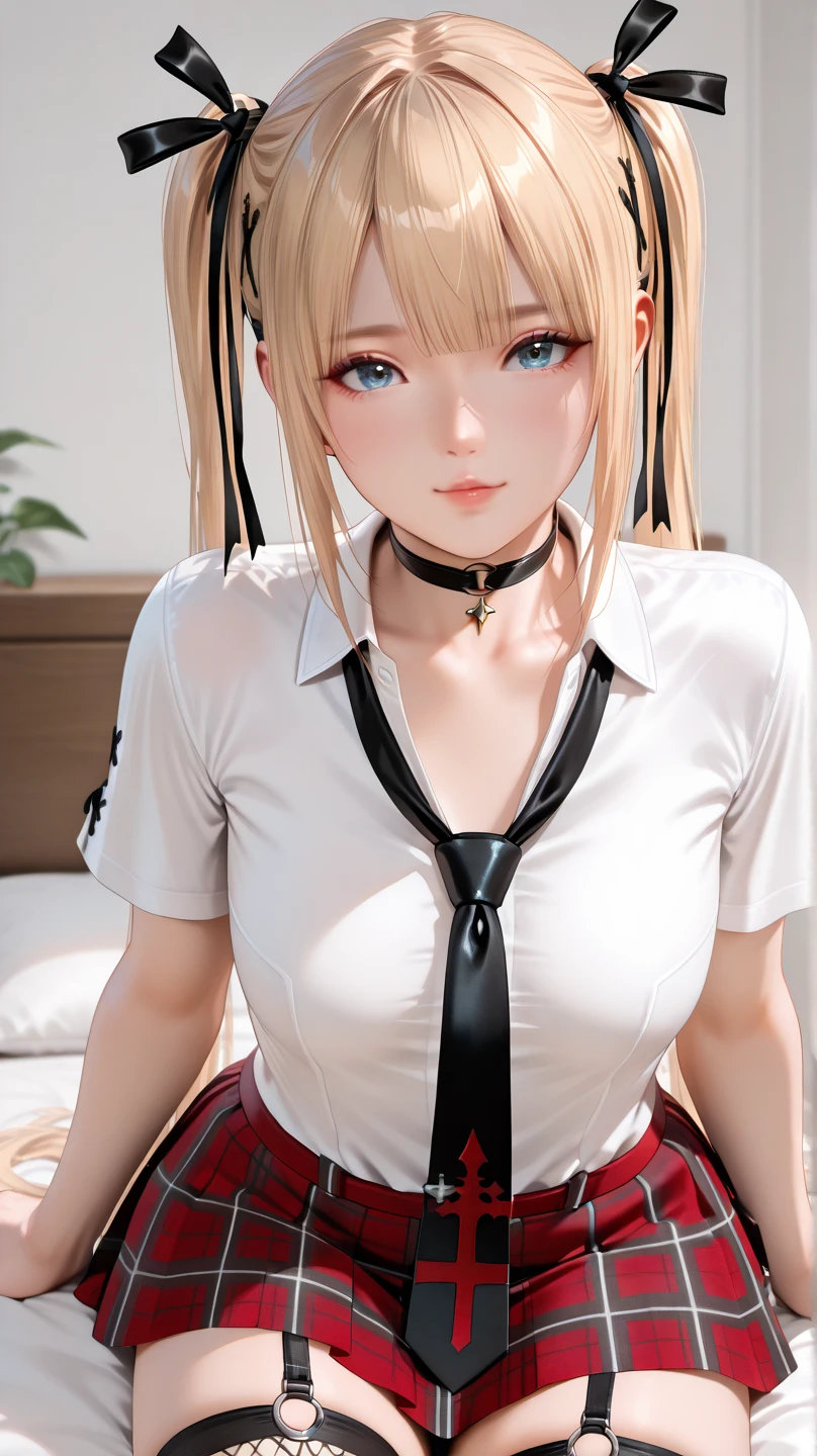 Marie rose, very cute and beautiful girl,(highly detailed beautiful face),(smile),blush,looking at viewer, (white blouse with detailed frills),long sleeve BREAK sitting on white bed sheet,spread legs,white panties, hair ribbon,right blonde  hair,(scarlet plaid mini skirt) BREAK antique bed room,victorian gorgeous furnitures, (best quality,masterpiece:1.2),absurdres,highres,ultra-detailed,extremely detailed,32k,8k resolution, intricate details,cinematic scene,detailed background,solo,dynamic angle,perfect hands,