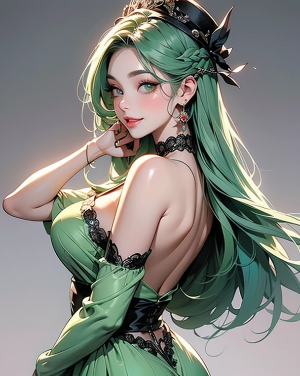 (((GREEN HAIR, [PERFECT REALISTIC EYES])))), ultra realistic 8k CG, perfect face, flawless, clean, masterpiece, professional artwork, famous art, cinematic lighting, cinematic flower, perfect face, beautiful face, beautiful eyes, (((perfect female body, narrow waist))), beautiful queen, royal, divine, goddess, (royal palace), fantasy, dreamlike, unreal, science fiction, (huge breasts), beautiful clothes, lace, lace trim,  lacy legwear, nsfw, breasts out, absurdly long hair, very long hair, (rich: 1.4), prestige, luxury, jewelry, diamond, gold, pearl, gem, sapphire, ruby, emerald, intricate detail, delicate pattern, sexy, charming, seductive, seductive, erotic, charming, hair ornament, necklace, earrings, bracelet, armband, looking at the viewer,