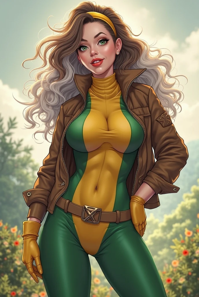 good anatomy, masterpiece, best quality, bokeh, depth of field, highres, high quality, 1girl,
X_MENs_Rogue,
long hair,breasts,brown hair,green eyes,lipstick,makeup,lips,white hair,two-tone hair,headband,wavy hair,large breasts,messy hair,curly hair,big_hair,
yellow bodysuit,jacket,gloves,belt,yellow gloves,green bodysuit,bodysuit,multicolored bodysuit,superhero, skin tight,multicolored clothes,